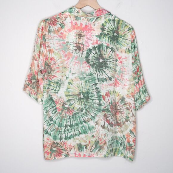 Alfred Dunner Womens Button Up Shirt Small Green Pink Tie-dye Sheer Camp 70s - Picture 2 of 8